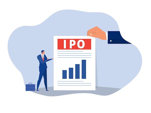 Первичное публичное размещение акций IPO бизнесмена предлагает Инвестиции в ноутбук Концепция плоской векторной иллюстрации