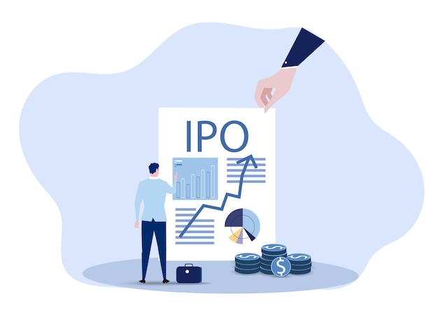 Ipo新規株式公開ビジネスマンオファーラップトップへの投資コンセプトフラットベクトルイラスト