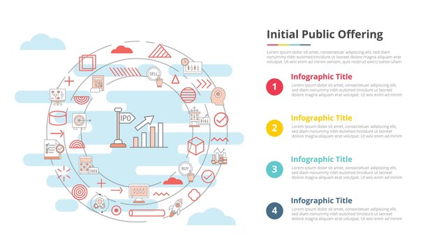 Вектор ipo концепция первоначального публичного предложения для инфографического шаблона баннера с четырехточечной информационной векторной иллюстрацией списка