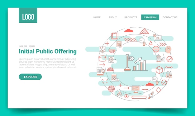 ベクトル ウェブサイト テンプレートまたはランディング ページのホームページのベクトル図の円のアイコンを含む ipo 新規株式公開コンセプト