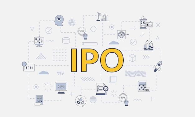 Вектор Концепция первоначального публичного предложения ipo с набором иконок с большим словом или текстом на центральной векторной иллюстрации