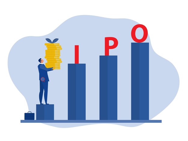 Vettore ipo iniziale di offerta pubblica per le persone strategia di investimento concetto illustrazione vettoriale piatta