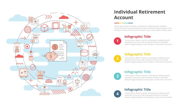 Концепция индивидуального пенсионного счета ira для инфографического шаблона баннера с четырехточечной информационной векторной иллюстрацией списка
