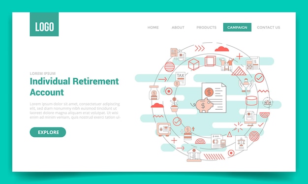 ベクトル ウェブサイト テンプレートまたはランディング ページのホームページのベクトル図の円のアイコンを含む ira 個人退職金口座コンセプト