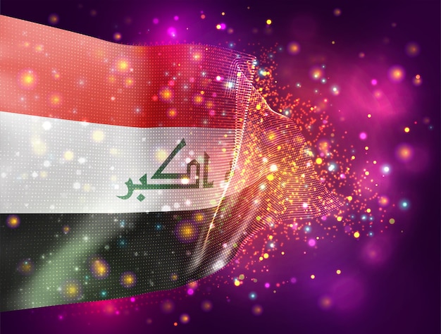 Irak, vector 3d vlag op roze paarse achtergrond met verlichting en fakkels