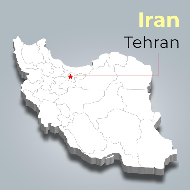 Iran 3d map with borders of regions and its capital