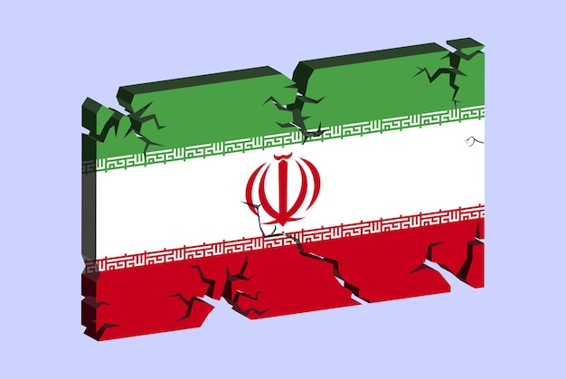 Bandiera dell'iran sul modello di frattura vettoriale della parete incrinata 3d con il concetto di problemi di struttura incrinata