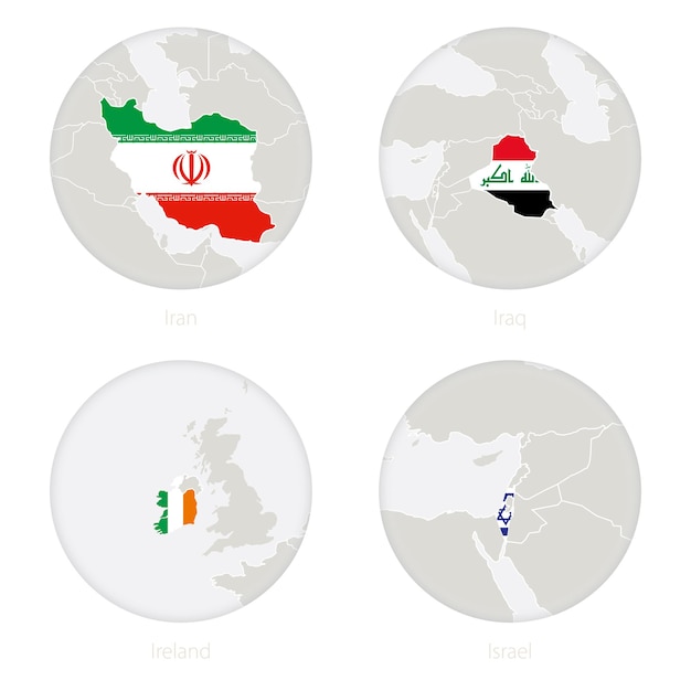 Iran, Irak, Ierland, Israël kaart contour en nationale vlag in een cirkel. Vectorillustratie.