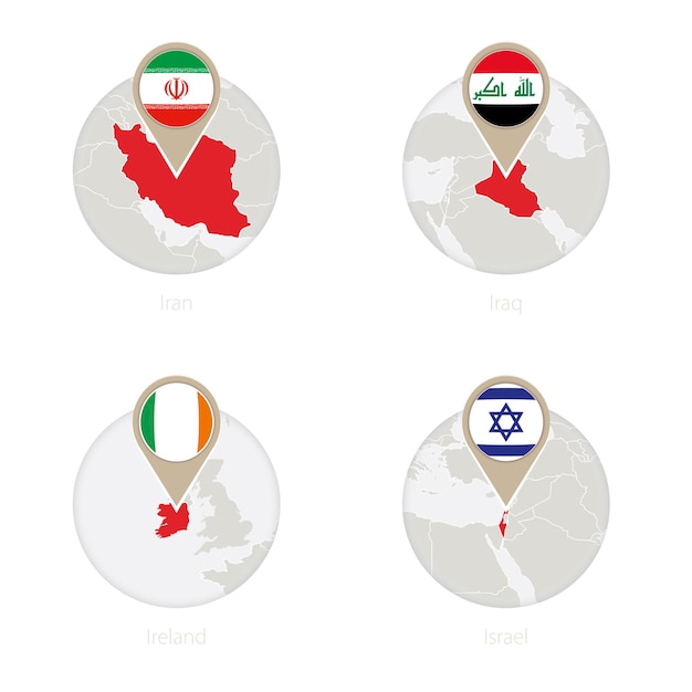 Иран ирак ирландия израиль карта и флаг в кругу