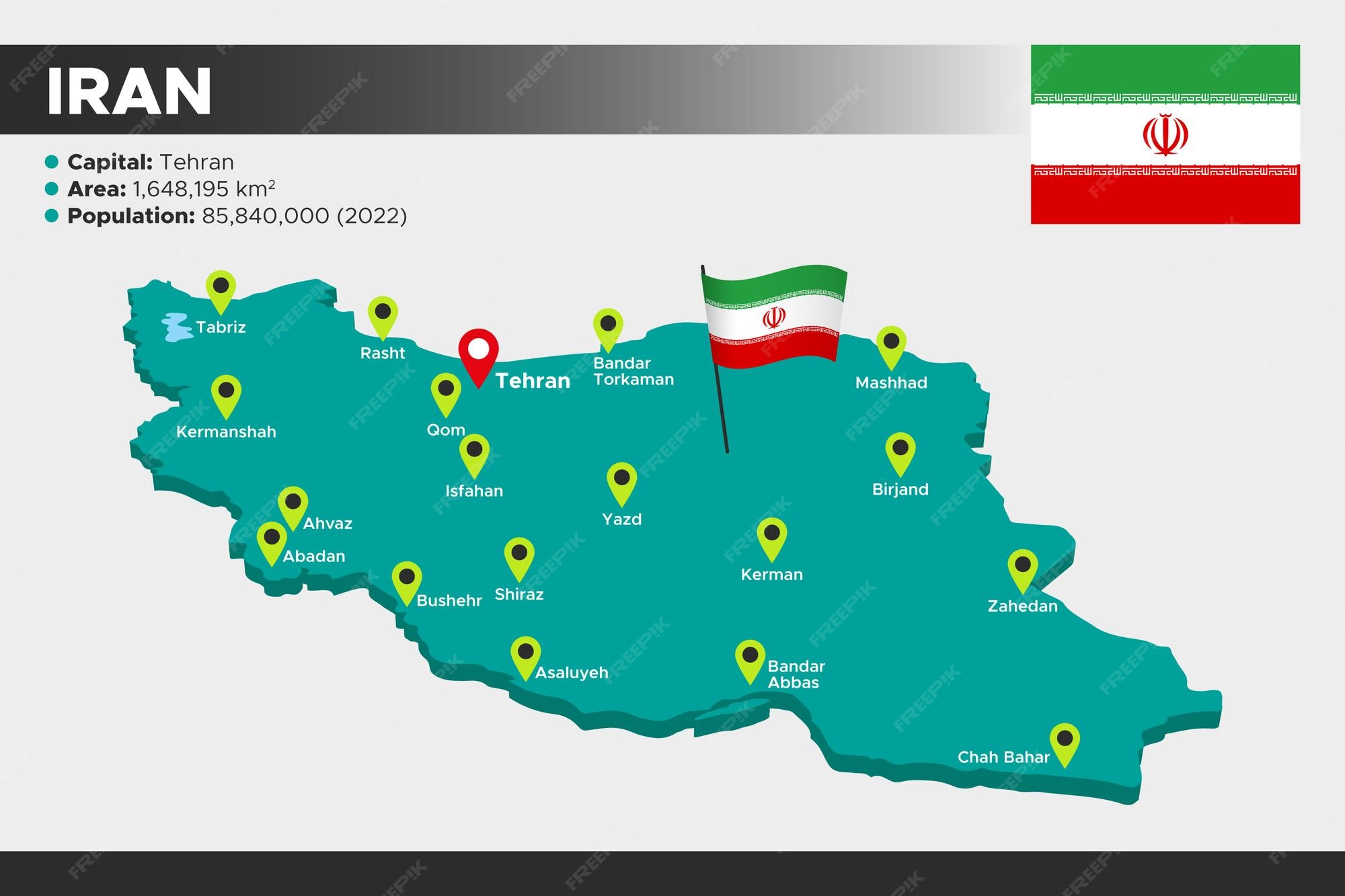 Premium Vector | Iran isometric 3d illustration map flag capital cities