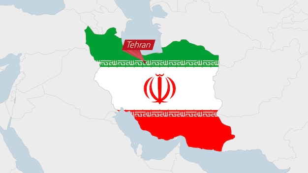 Vector iran-kaart gemarkeerd in de vlagkleuren van iran en de pin van de hoofdstad teheran