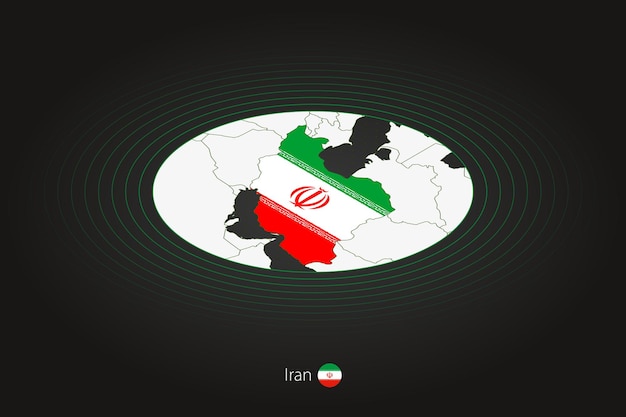 近隣諸国との暗い色の楕円形の地図のイランの地図