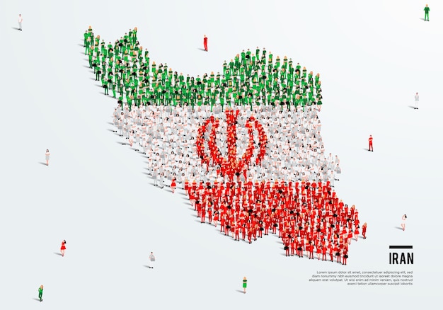 イランの地図と国旗。地図を作成するためのイランの旗の色の形をした人々の大規模なグループ。ベクター