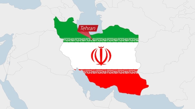 Iran map highlighted in Iran flag colors and pin of country capital Tehran