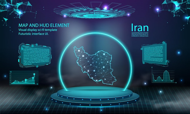 Iran mappa luce effetto di collegamento sfondo astratto tecnologia digitale ui gui hud futuristico interfaccia virtuale con mappa iran stage podio futuristico nella nebbia