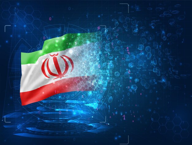 Iran, bandiera 3d vettoriale su sfondo blu con interfacce hud