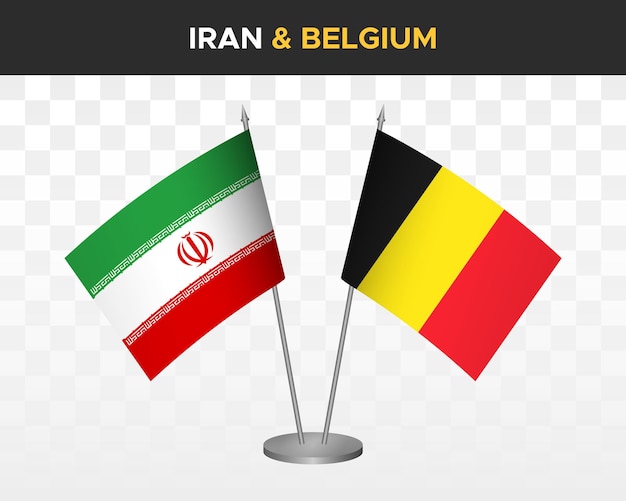 Iran vs België Bureau vlaggen mockup geïsoleerde 3d vector illustratie tafel vlaggen