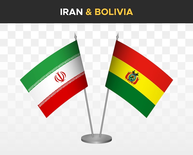 Bandiere da scrivania iran vs bolivia mockup isolate 3d illustrazione vettoriale bandiere da tavolo