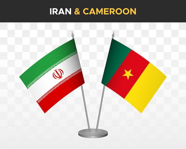 Iran vs cameroon desk flags mockup isolated 3d vector illustration table flags