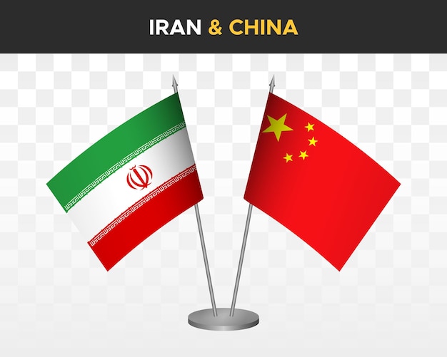 Iran vs china bureauvlaggen mockup geïsoleerde 3d vector illustratie tafelvlaggen