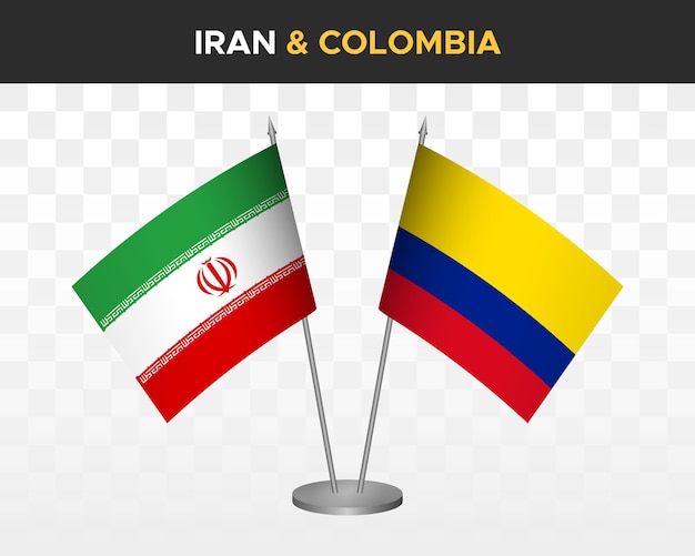 Iran vs colombia bureauvlaggen mockup geïsoleerde 3d vector illustratie tafelvlaggen