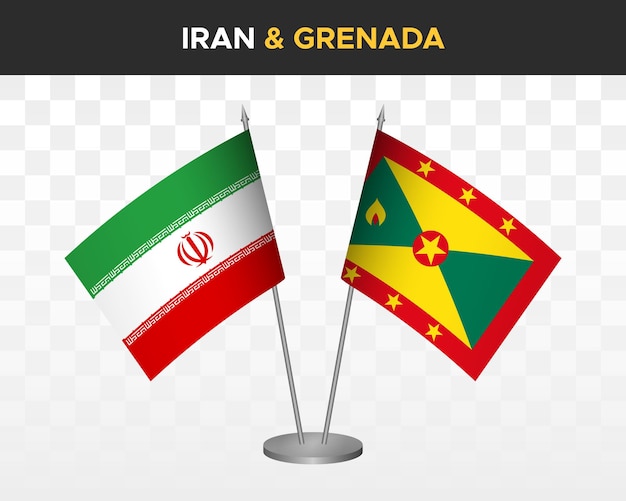 Bandiere da scrivania iran vs grenada mockup isolate 3d illustrazione vettoriale bandiere da tavolo