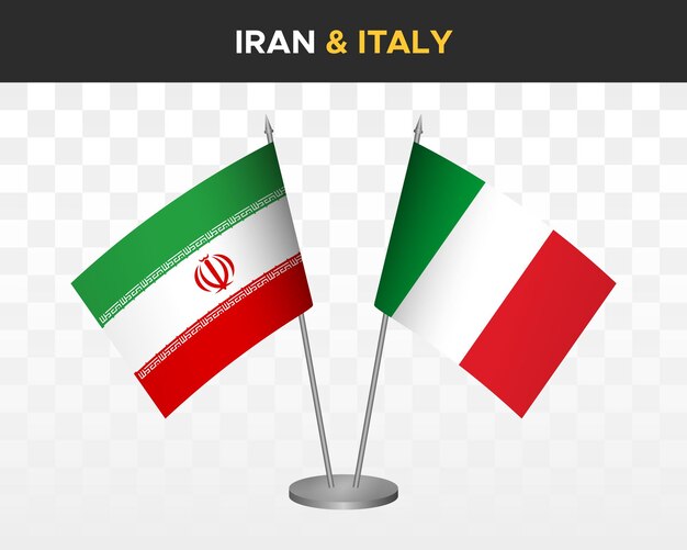 Iran vs Italië Bureau vlaggen mockup geïsoleerde 3d vector illustratie tafel vlaggen