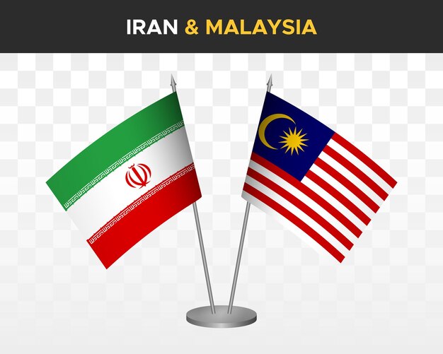 Bandiere da scrivania iran vs malesia mockup isolate 3d illustrazione vettoriale bandiere da tavolo