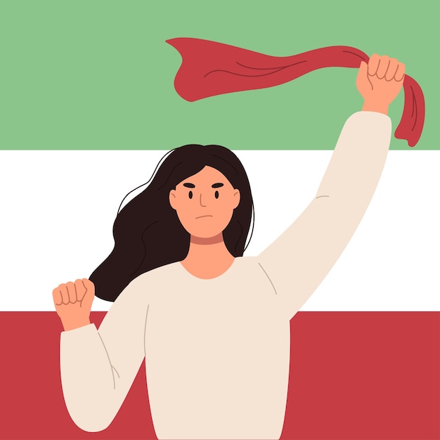 Donna iraniana con i capelli ondeggianti sullo sfondo della bandiera iraniana