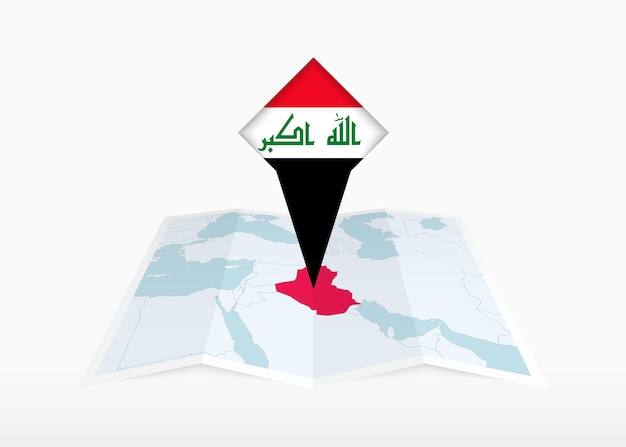 Vector iraq is depicted on a folded paper map and pinned location marker with flag of iraq.