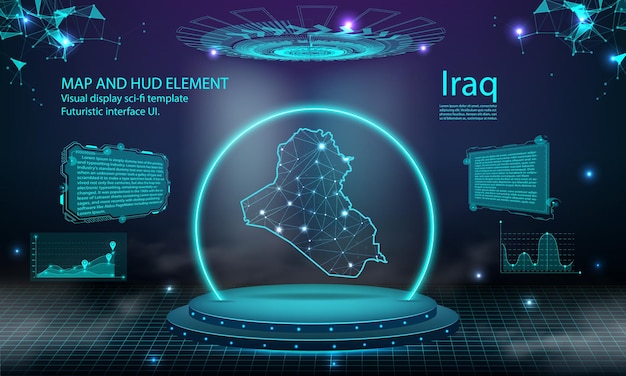 イラク地図ライト接続効果背景抽象デジタル技術 UI GUI 未来的な HUD イラク地図との仮想インターフェイス霧のステージ未来的な表彰台