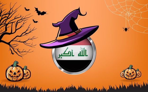 iraq round flag with Happy Halloween banner or party invitation background bats spiders and pumpkins orange background