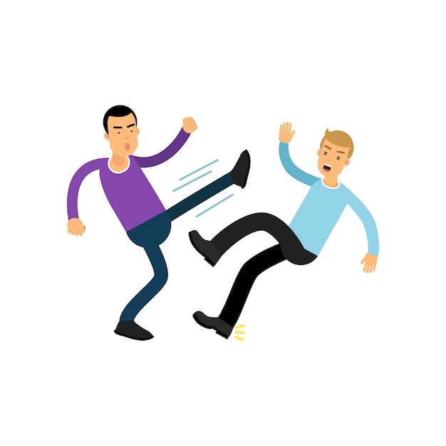 Irate man in high kick pose beats guy in blue sweater. People having fight. Violent behavior. Aggressive bully. Cartoon male characters in flat style. Vector illustration isolated on white background.