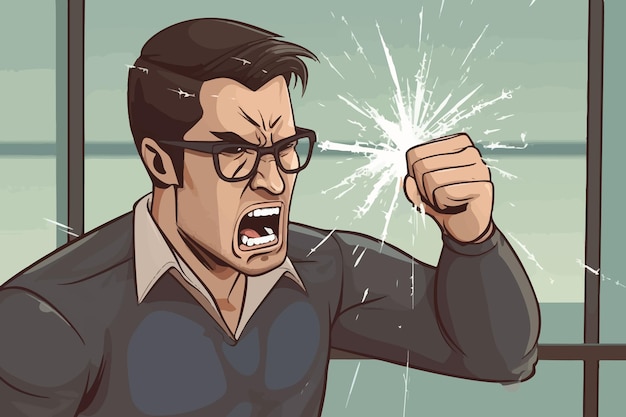 Irate man shatters glass with his fist Enraged male worker smashes glass with hand punch Managing emotions and problems Vector