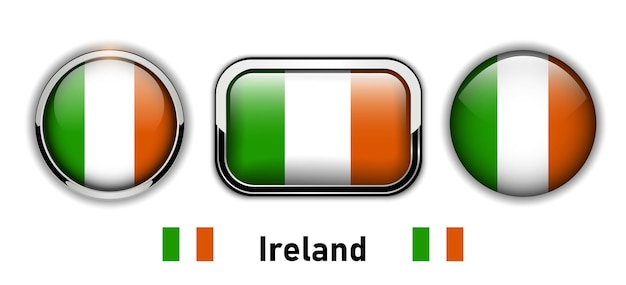 Ireland flag buttons, 3d shiny vector icons.