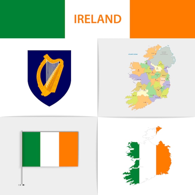 Ireland flag map and coat of arms