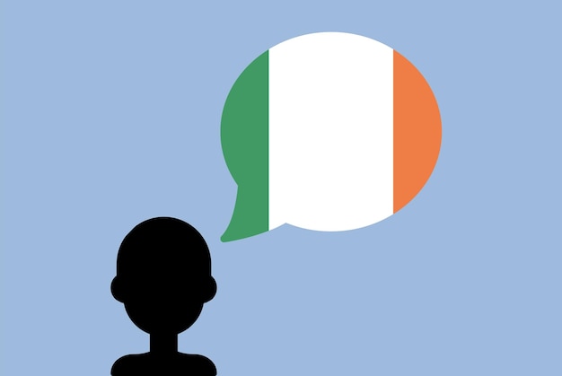 Ireland flag with speech balloon silhouette man with country flag learning Ireland language