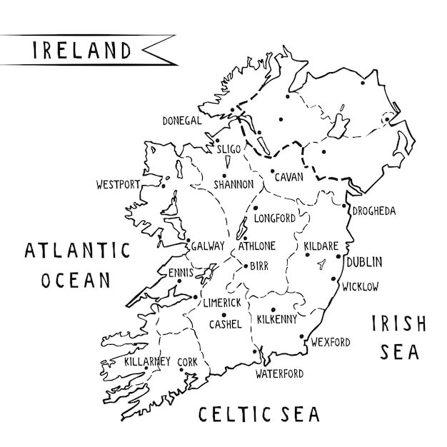 아일랜드는 더블린을 포함한 주요 도시와 함께 손으로 그린 지도 벡터 삽화를 그렸습니다. 바다로 둘러싸인 아일랜드 영토의 잉크 프리핸드 이미지가 보입니다. 관광 가이드, 엽서 및 상품용 템플릿입니다.