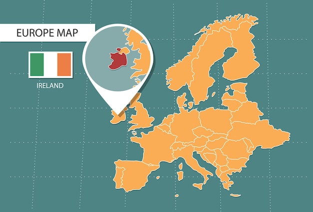 Mappa dell'irlanda in europa icone della versione zoom che mostrano la posizione e le bandiere dell'irlanda