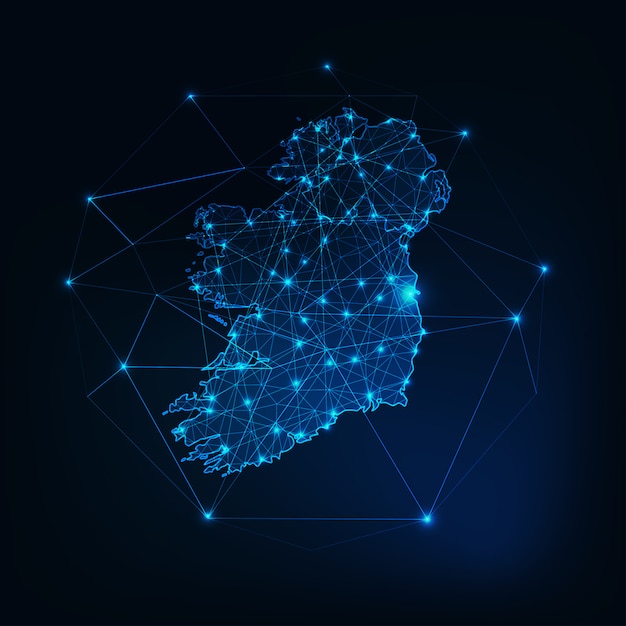 Ireland map glowing silhouette outline made of stars lines dots triangles, low polygonal shapes