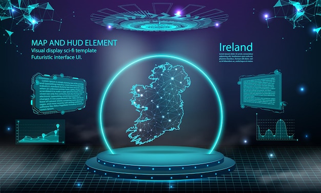 Ireland map light connecting effect background abstract digital technology ui gui futuristic hud virtual interface with ireland map stage futuristic podium in fog