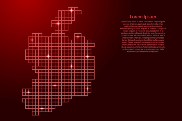 赤いモザイク構造の正方形と輝く星からアイルランドの地図のシルエット。ベクトルイラスト。