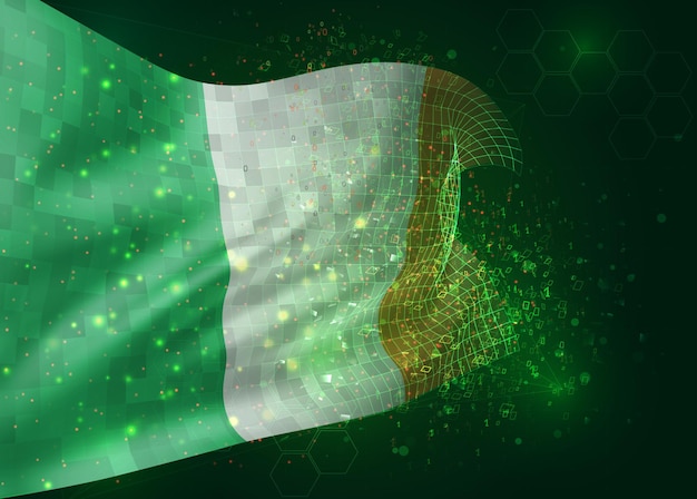 Ireland, on vector 3d flag on green background with polygons and data numbers