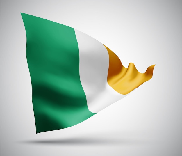 Ireland, vector flag with waves and bends waving in the wind on a white background.