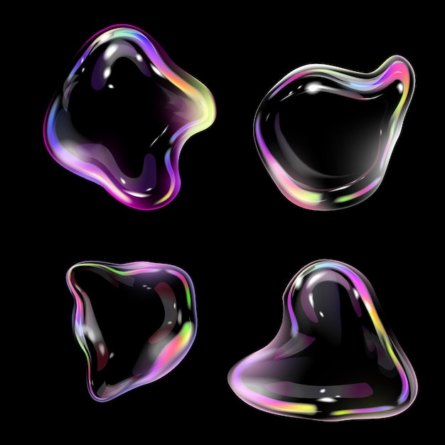 Vector iridescent bubble of different shapes design elements set 3d glowing soap bubbles vector