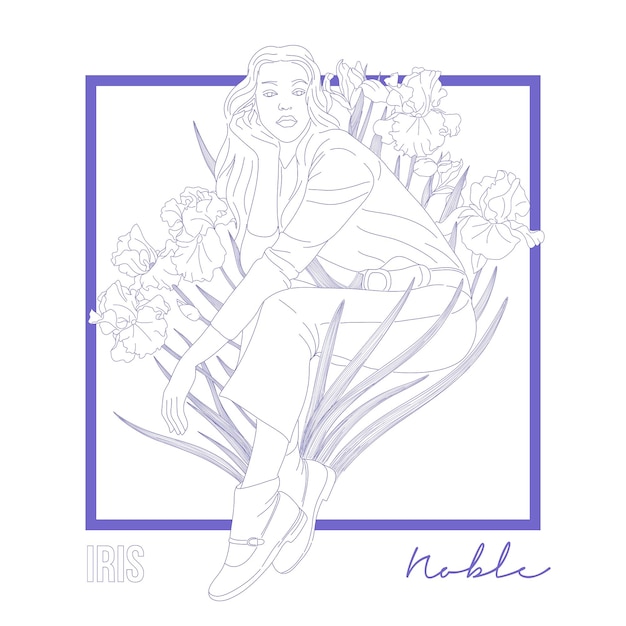 Iris flower. Happy women's day. Flowers drawing line art concept. Woman Illustration.