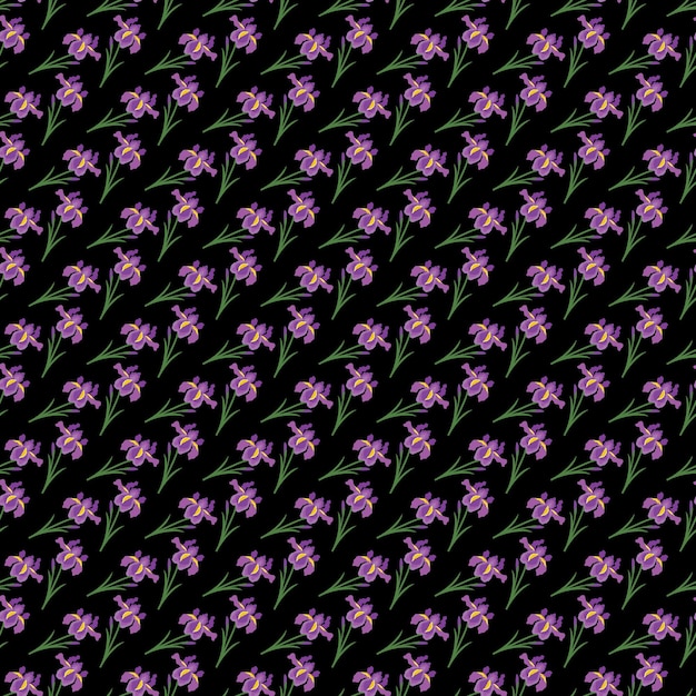 Fiore di iris seamless pattern design con sfondo nero