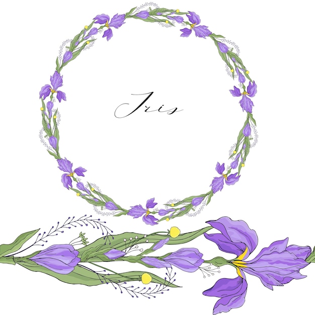 Iris flower wreath isolated on white background