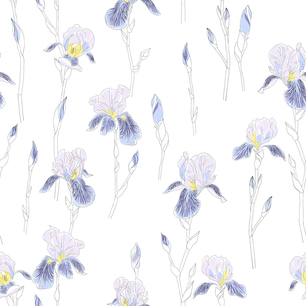 Iris flowers seamless pattern Delicate pastel colors Hand drawn nature painting