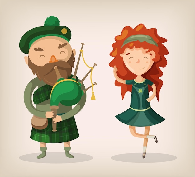 Irish bold man with beard in traditional kilt uniform play bagpipe and redhead girl dancing and smile